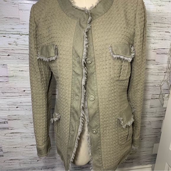 Gossip Blazer Jacket Waffle Knit Sz 48 M-L Green Tan Buttons Up Frayed Italy - Picture 6 of 16